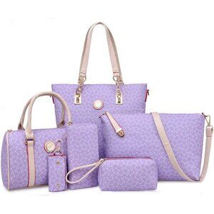 Women Purple PU Leather 6-Piece Tote Set with Shoulder Bag and Accessories